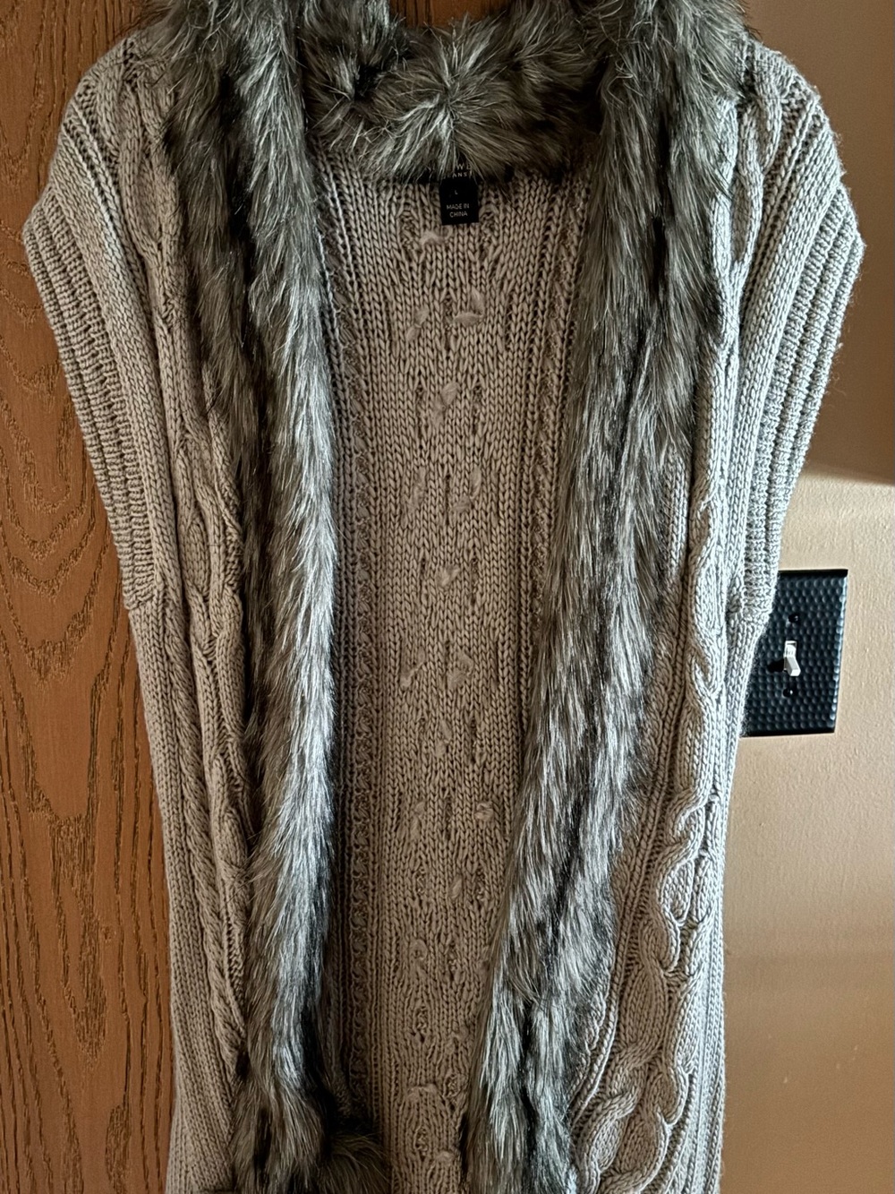 Nine West grey cable Knit Sweater Vest with Faux Fur Trim